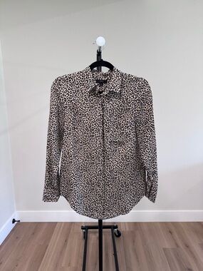 NWOT J. Crew 100% Silk Leopard Print Button-Up Blouse, Tan and Black